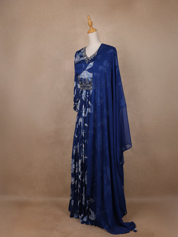 Navy Blue Floral Embroidery Crepe Gown - Diadem