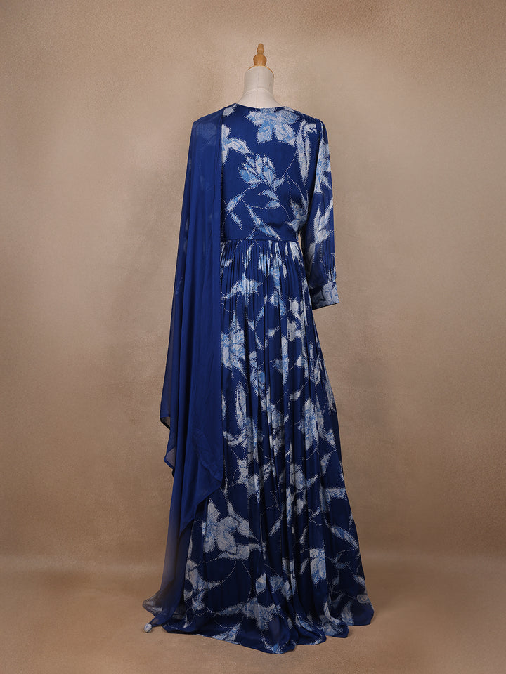 Navy Blue Floral Embroidery Crepe Gown - Diadem