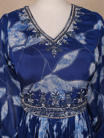 Navy Blue Floral Embroidery Crepe Gown - Diadem