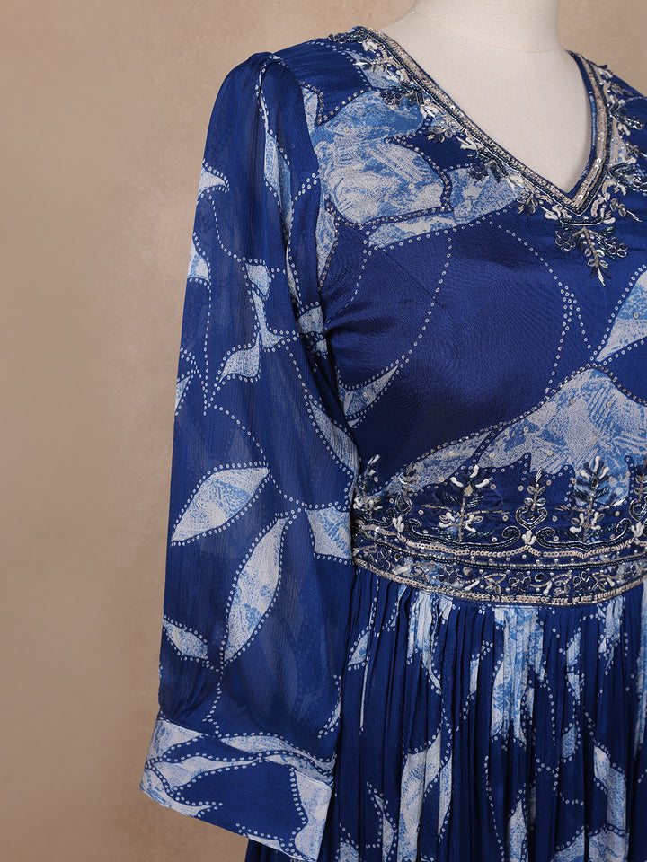 Navy Blue Floral Embroidery Crepe Gown - Diadem