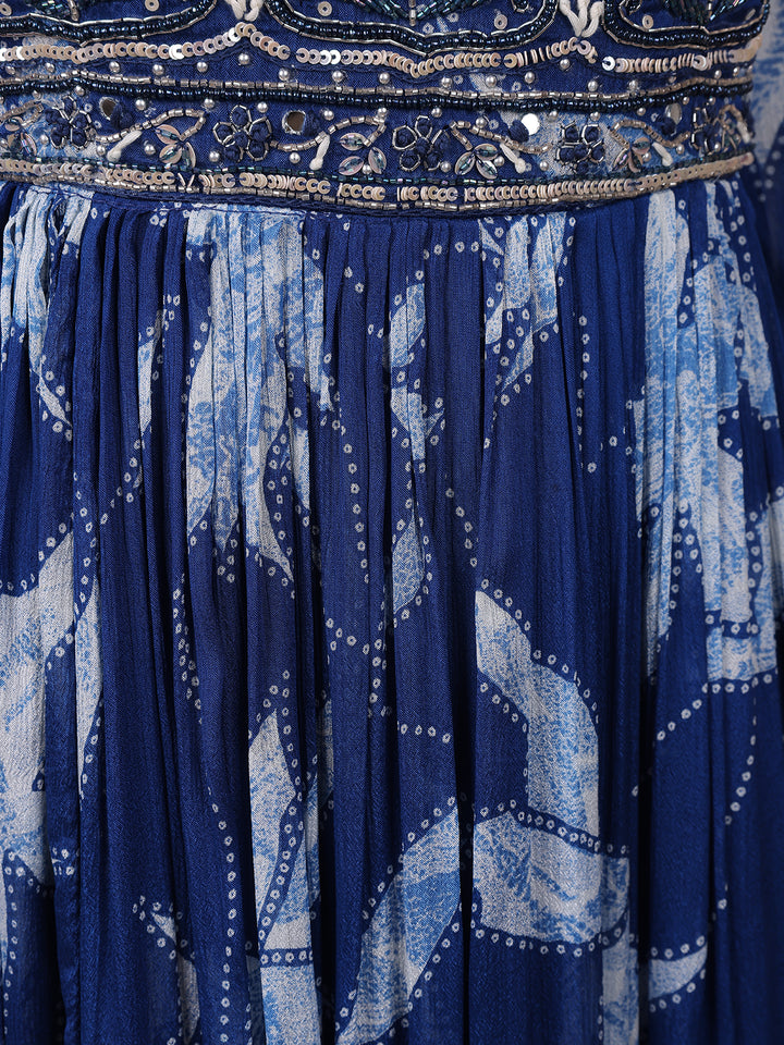 Navy Blue Floral Embroidery Crepe Gown - Diadem