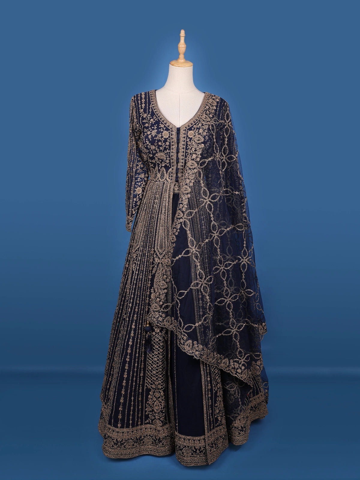 Navy Blue Floral Embroidery Net Bridal Pakistani Lehenga