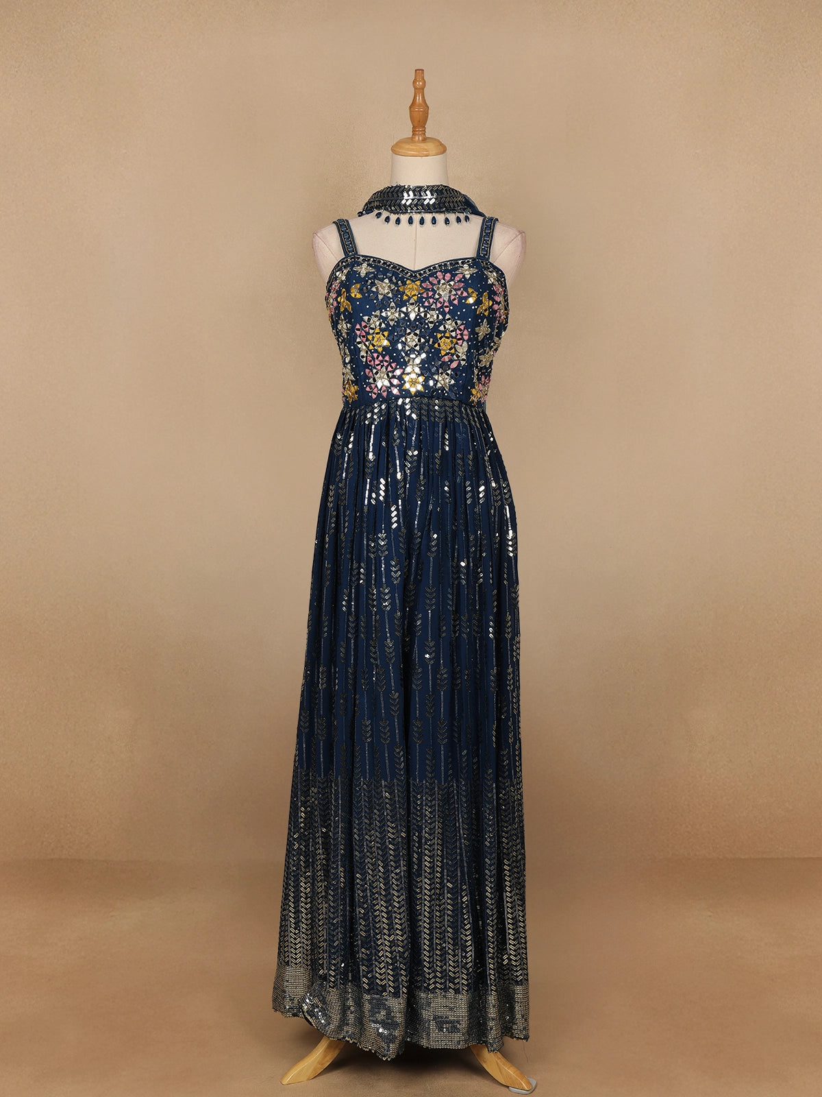 Navy Blue Floral Mirror Embroidery Georgette Jumpsuit
