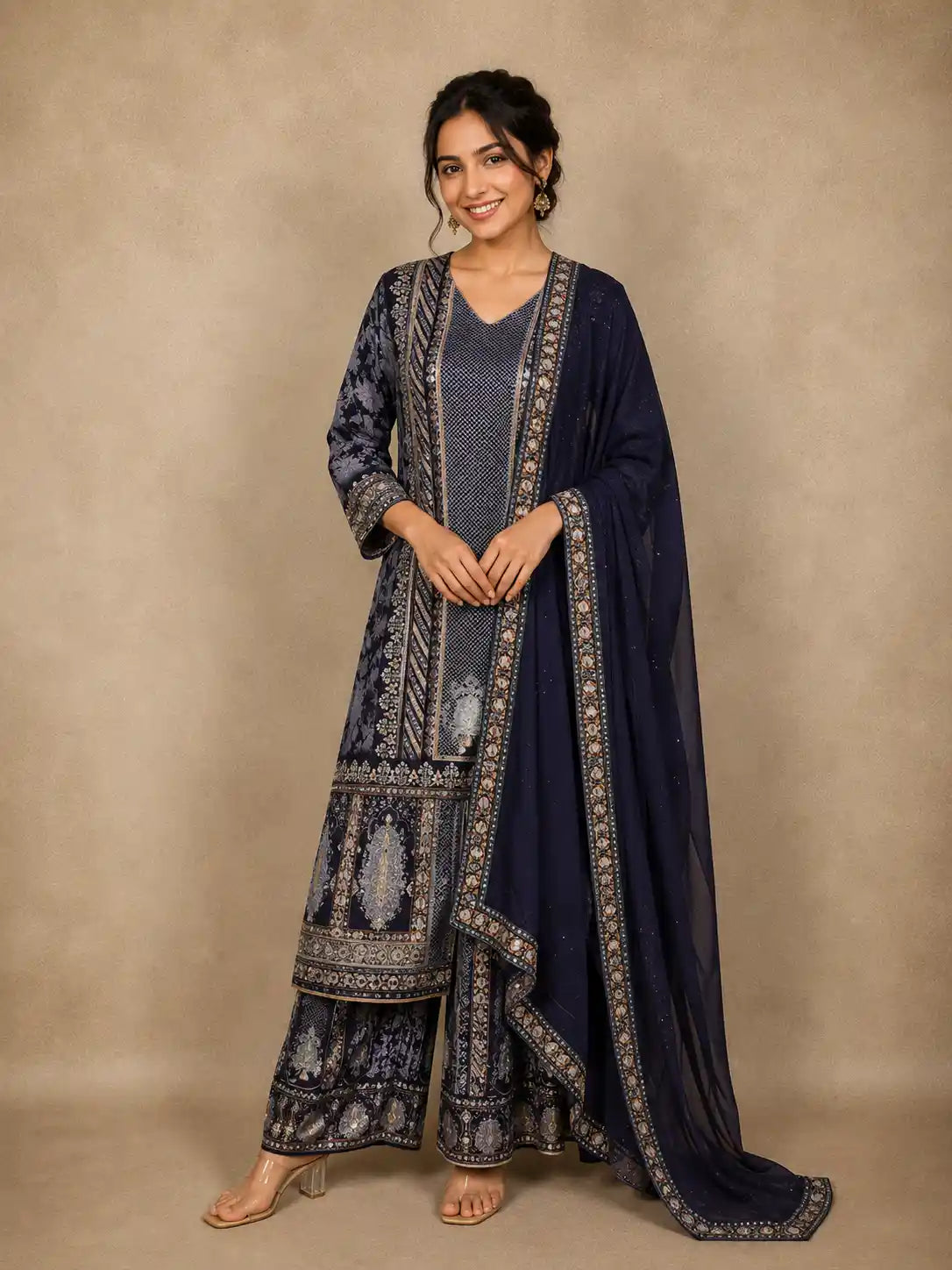 Navy Blue Floral Printed Crepe Salwar Suit with Dupatta