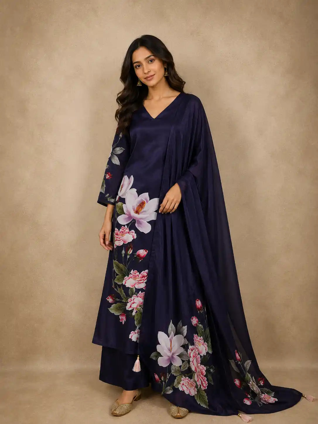 Navy Blue Floral Printed Crepe Silk Salwar Suit with Dupatta