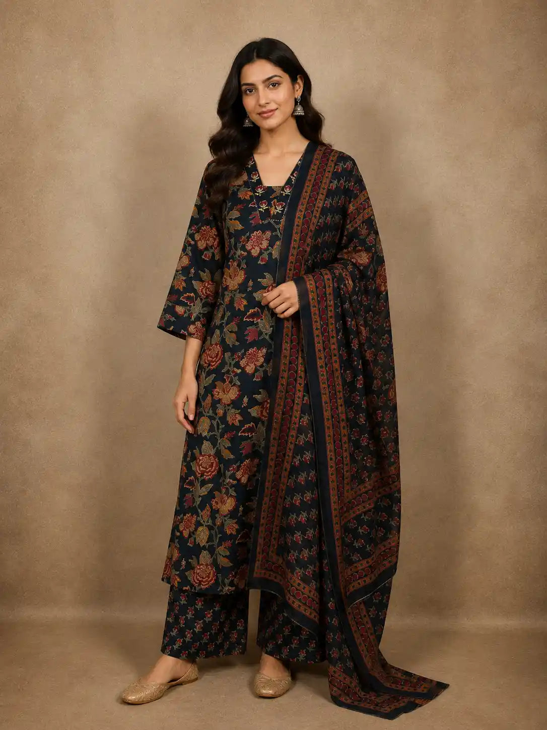 Navy Blue Floral Printed Design Cotton Salwar Suit with Dupatta