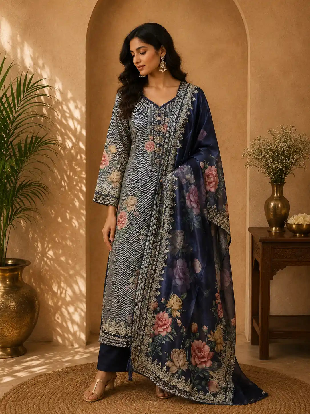 Navy Blue Floral Printed Design Tussar Silk Straight Cut Salwar Suit with Dupatta