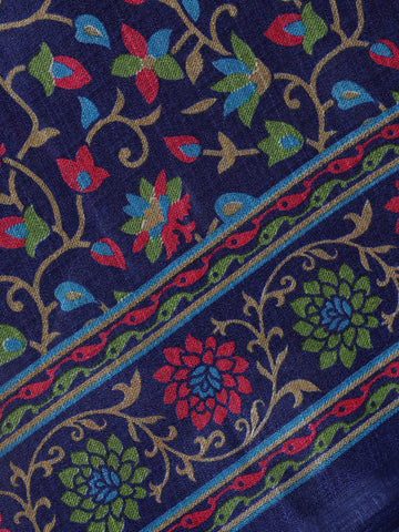 Navy Blue Floral Prints Fancy Cotton Saree - Diadem