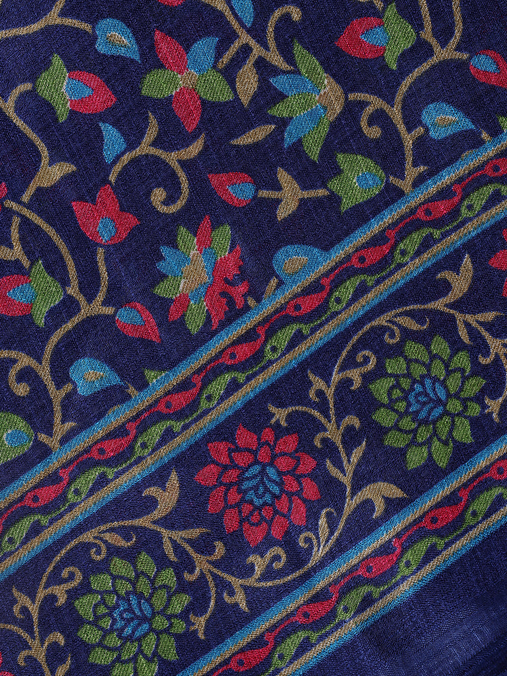 Navy Blue Floral Prints Fancy Cotton Saree - Diadem