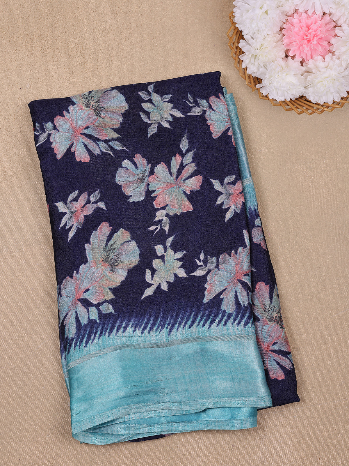 Navy Blue Floral Prints Fancy Georgette Saree - Diadem