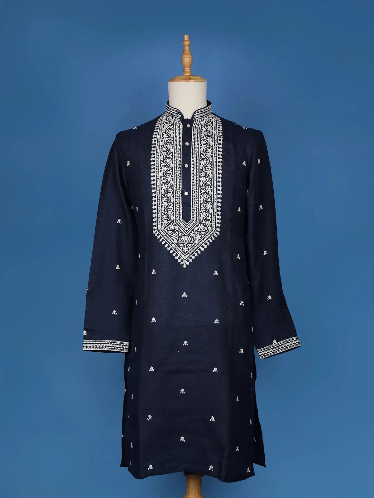 Navy Blue Floral Thread Embroidery Cotton Kurta Set With Pant