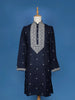 Navy Blue Floral Thread Embroidery Cotton Kurta Set With Pant