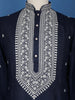 Navy Blue Floral Thread Embroidery Cotton Kurta Set With Pant