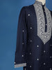 Navy Blue Floral Thread Embroidery Cotton Kurta Set With Pant