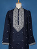 Navy Blue Floral Thread Embroidery Cotton Kurta Set With Pant