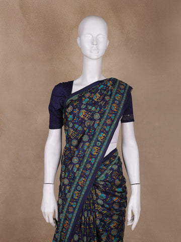 Navy Blue Folk Motif Print Chanderi Cotton Saree - Diadem