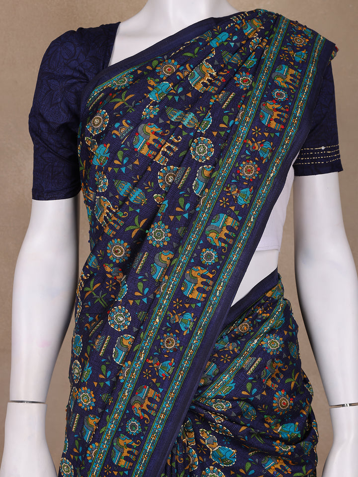 Navy Blue Folk Motif Print Chanderi Cotton Saree - Diadem