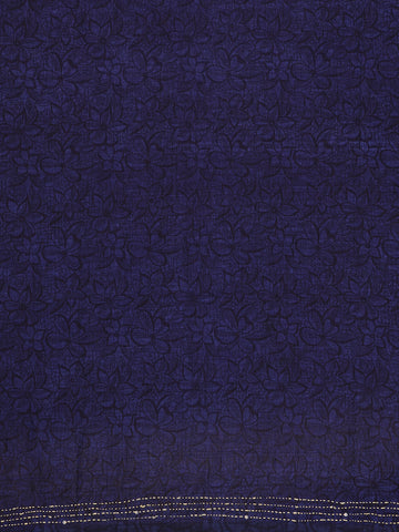 Navy Blue Folk Motif Print Chanderi Cotton Saree - Diadem