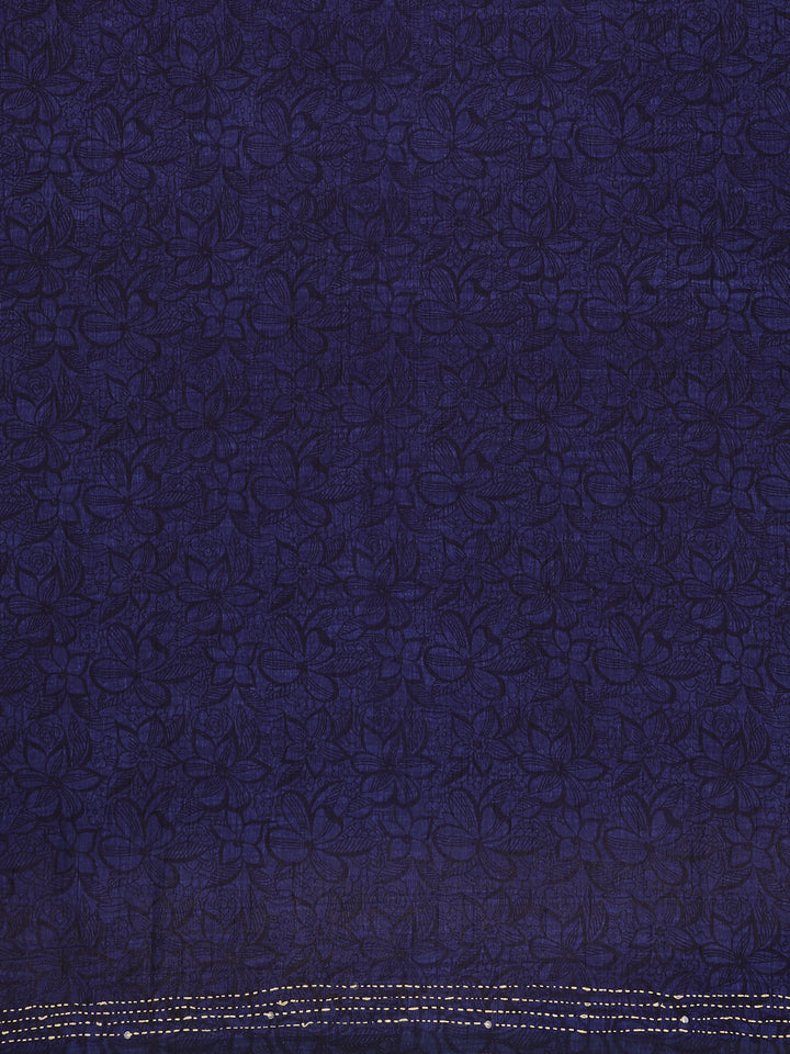 Navy Blue Folk Motif Print Chanderi Cotton Saree - Diadem