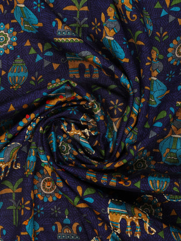 Navy Blue Folk Motif Print Chanderi Cotton Saree - Diadem