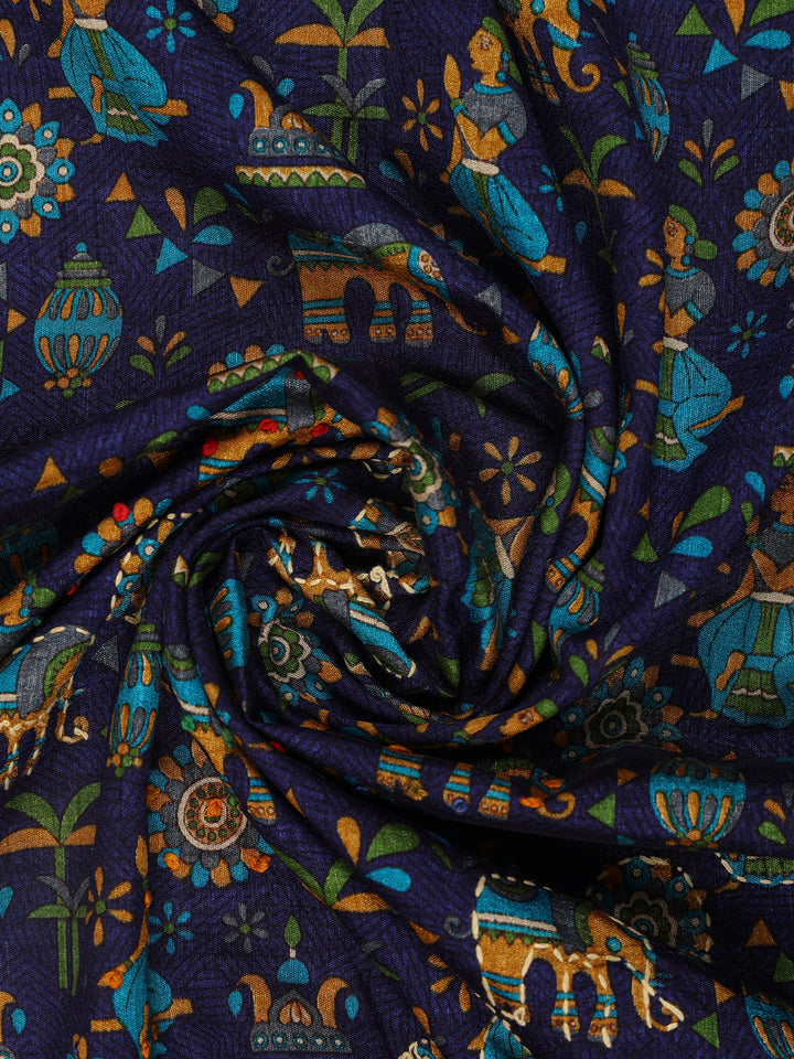 Navy Blue Folk Motif Print Chanderi Cotton Saree - Diadem