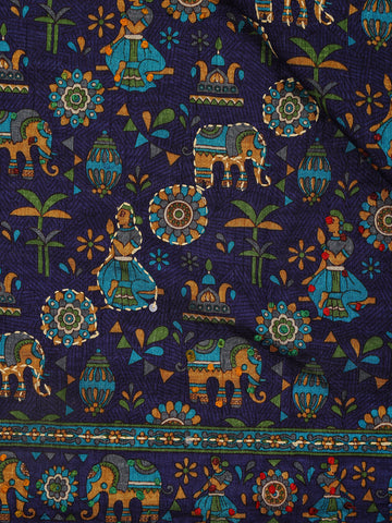 Navy Blue Folk Motif Print Chanderi Cotton Saree - Diadem