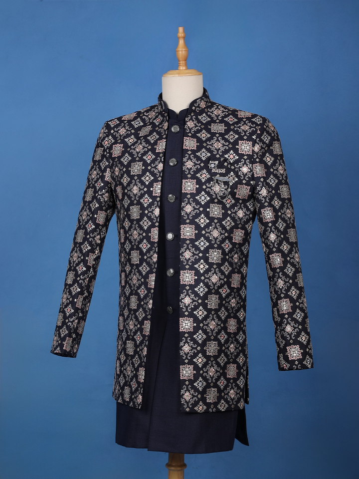 Navy Blue Geometric Motif Embroidered Jacquard Sherwani Suit - Diadem