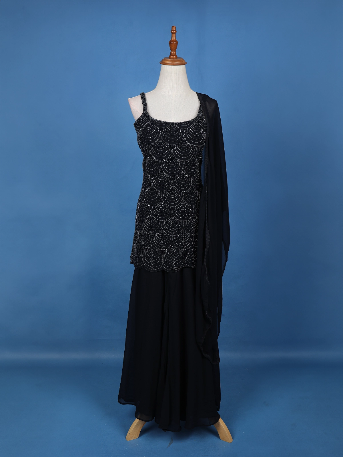 Navy Blue Geometric Sequin Embroidered Georgette Palazzo Suit - Diadem