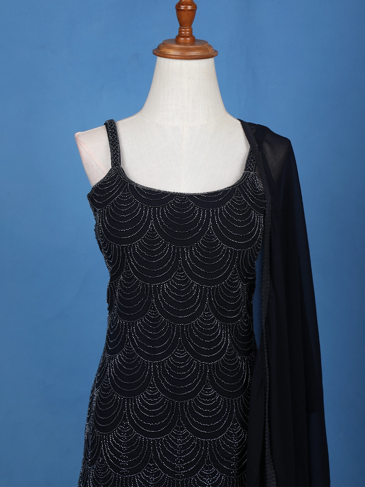 Navy Blue Geometric Sequin Embroidered Georgette Palazzo Suit - Diadem
