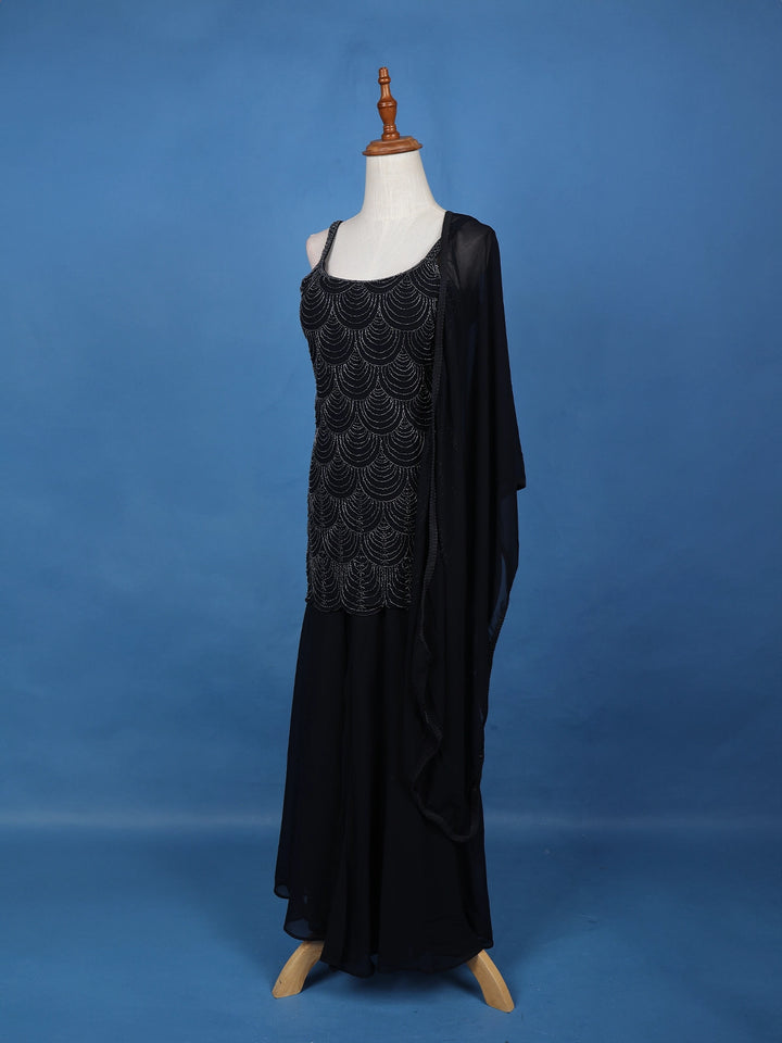 Navy Blue Geometric Sequin Embroidered Georgette Palazzo Suit - Diadem