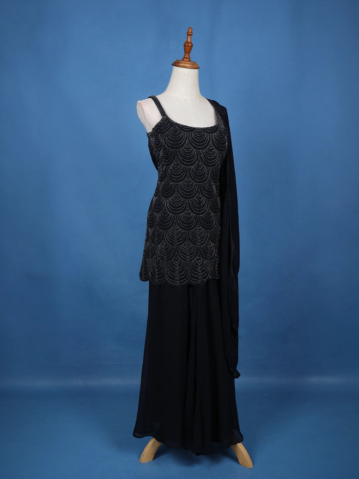 Navy Blue Geometric Sequin Embroidered Georgette Palazzo Suit - Diadem
