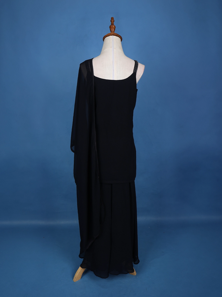 Navy Blue Geometric Sequin Embroidered Georgette Palazzo Suit - Diadem