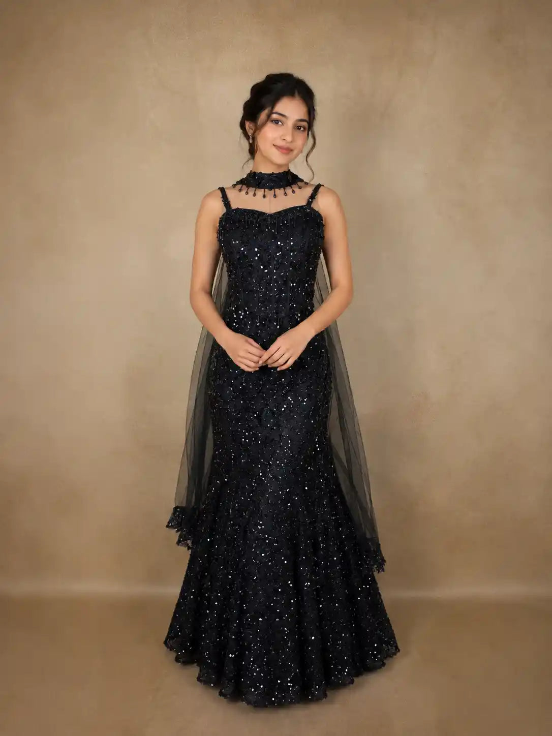 Navy Blue Heavy Sequins Embroidered Design Sequins Mermaid Lehenga with Dupatta