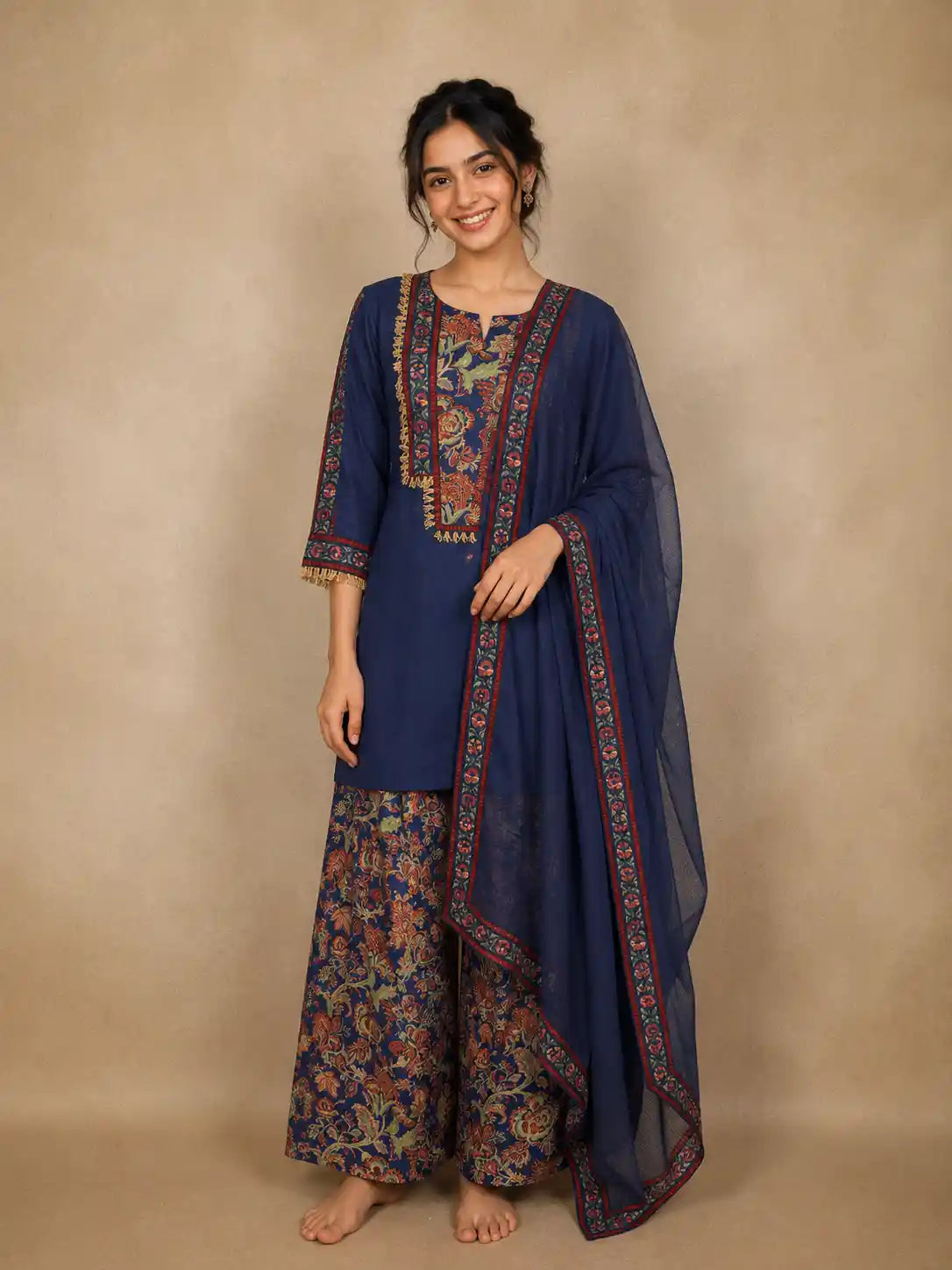 Navy Blue Kashmiri Style Floral Embroidered Cotton Salwar Suit with Dupatta
