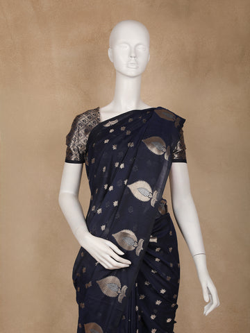 Navy Blue Leaf Motif Woven Banarasi Silk Saree - Diadem