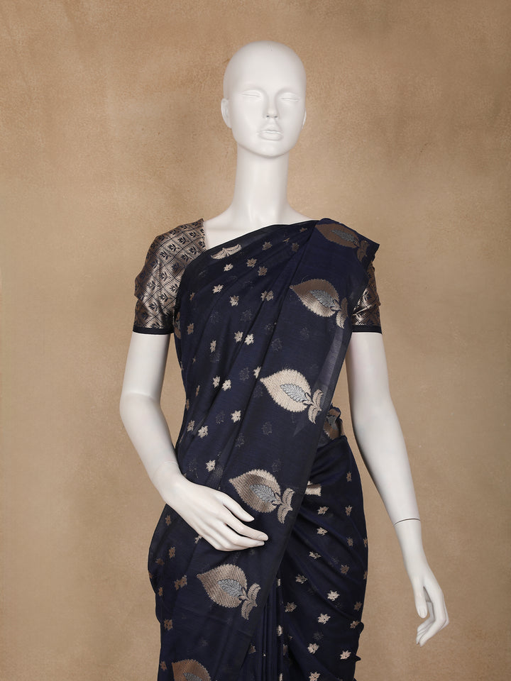 Navy Blue Leaf Motif Woven Banarasi Silk Saree - Diadem