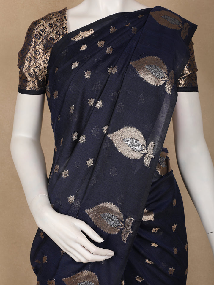 Navy Blue Leaf Motif Woven Banarasi Silk Saree - Diadem