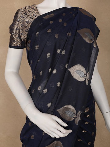 Navy Blue Leaf Motif Woven Banarasi Silk Saree - Diadem