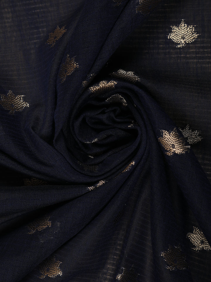 Navy Blue Leaf Motif Woven Banarasi Silk Saree - Diadem
