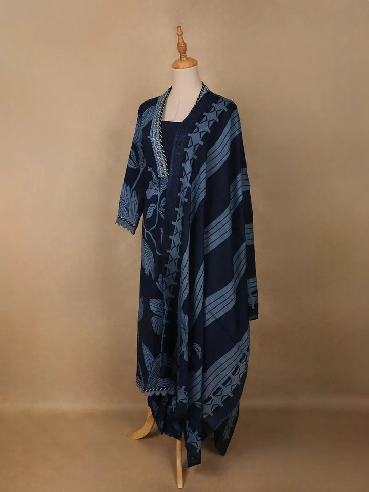 Navy Blue Leaf Print Cotton Straight Cut Salwar Suit - Diadem