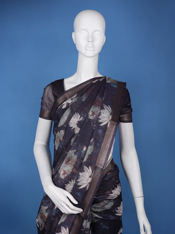 Navy Blue Lotus Floral Printed Semi Tussar Silk Saree - Diadem