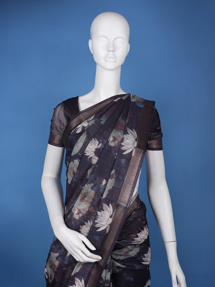 Navy Blue Lotus Floral Printed Semi Tussar Silk Saree - Diadem