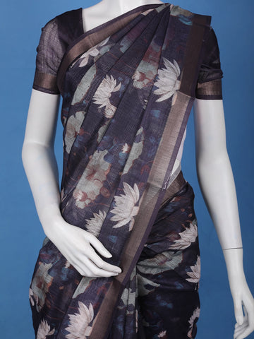 Navy Blue Lotus Floral Printed Semi Tussar Silk Saree - Diadem