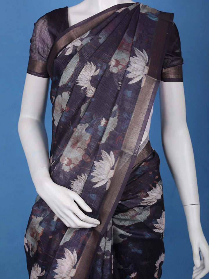 Navy Blue Lotus Floral Printed Semi Tussar Silk Saree - Diadem
