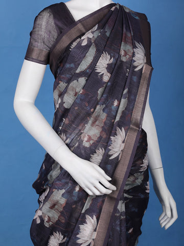 Navy Blue Lotus Floral Printed Semi Tussar Silk Saree - Diadem