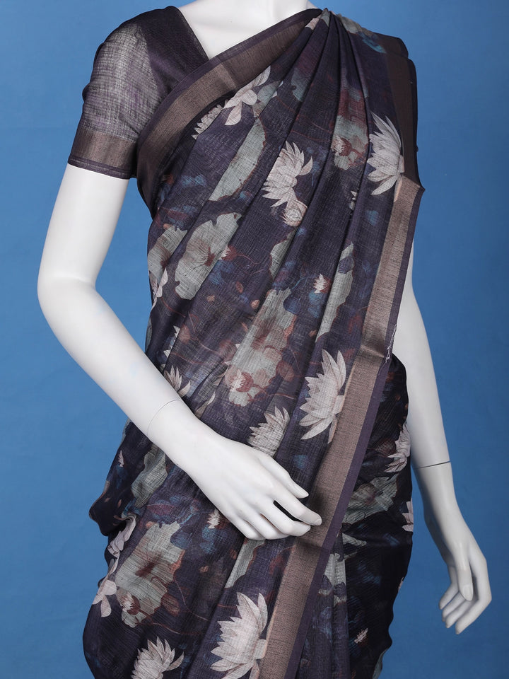 Navy Blue Lotus Floral Printed Semi Tussar Silk Saree - Diadem
