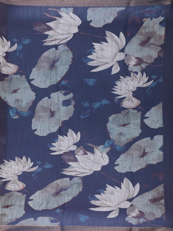 Navy Blue Lotus Floral Printed Semi Tussar Silk Saree - Diadem