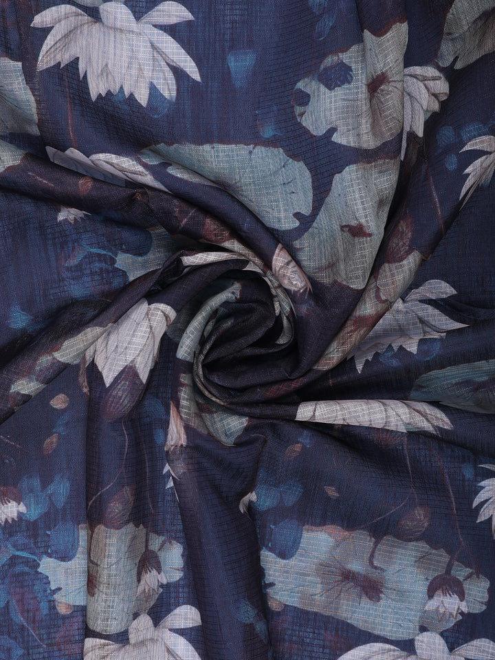 Navy Blue Lotus Floral Printed Semi Tussar Silk Saree - Diadem