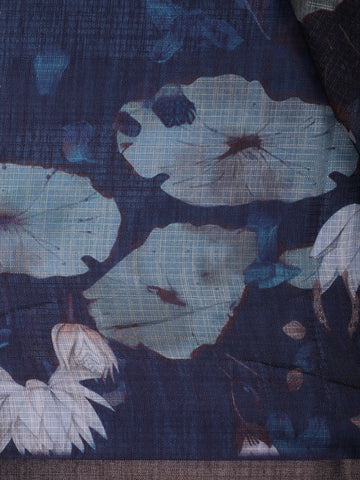 Navy Blue Lotus Floral Printed Semi Tussar Silk Saree - Diadem
