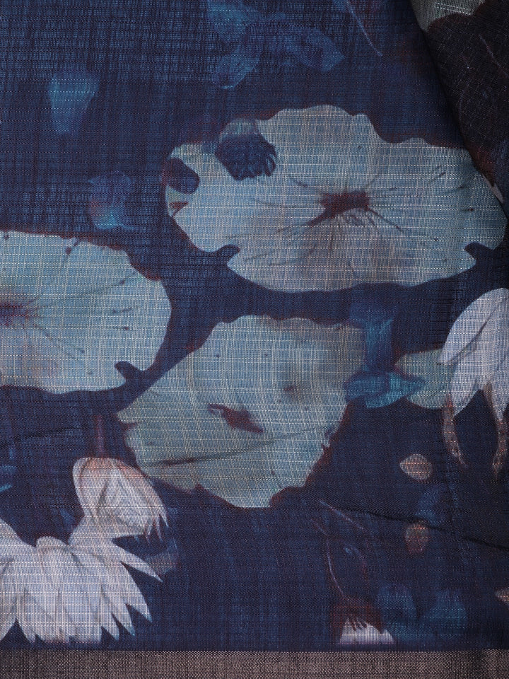Navy Blue Lotus Floral Printed Semi Tussar Silk Saree - Diadem